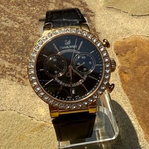 Swarovski Citra-Sphere Chronograph Watch Black Leather Rose Gold Crystal